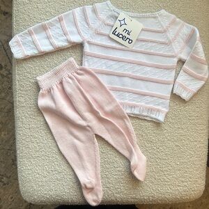 Mi Lucero Baby Knit Footed Set with Bonnet in Pink and White
